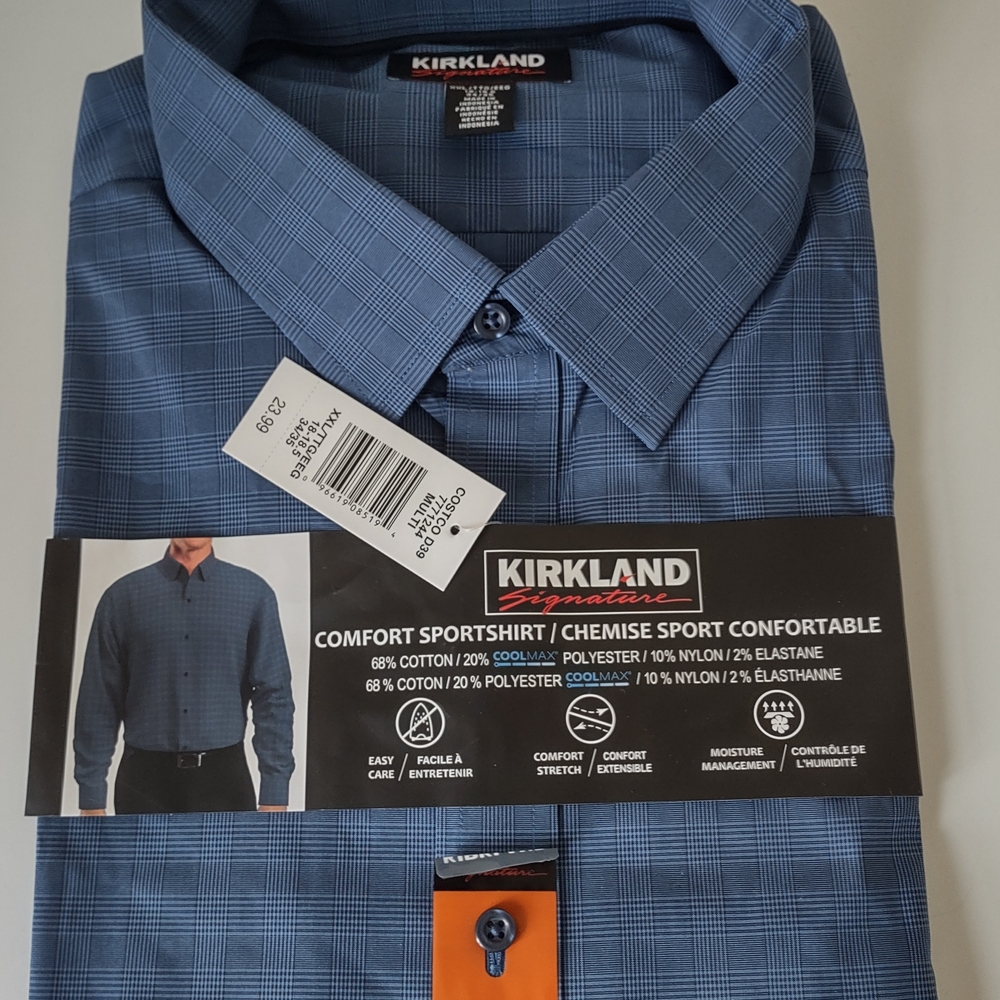 Kirkland Signature Men's 17-17.5 Blue Plaid Button-Down Shirt
